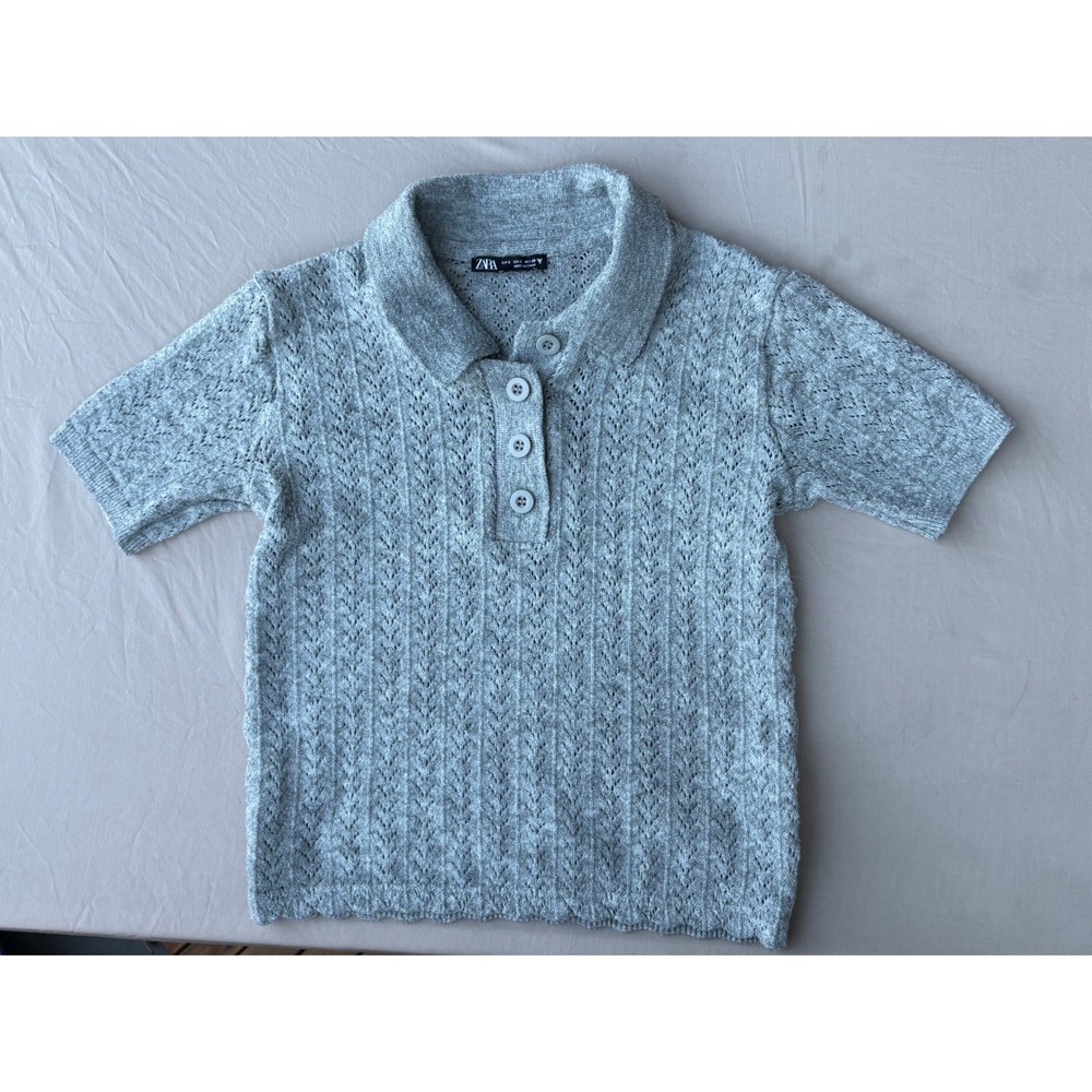 Zara Kids Grey Pointelle Knit Polo Shirt Short Sleeve Chevron Pattern Size S